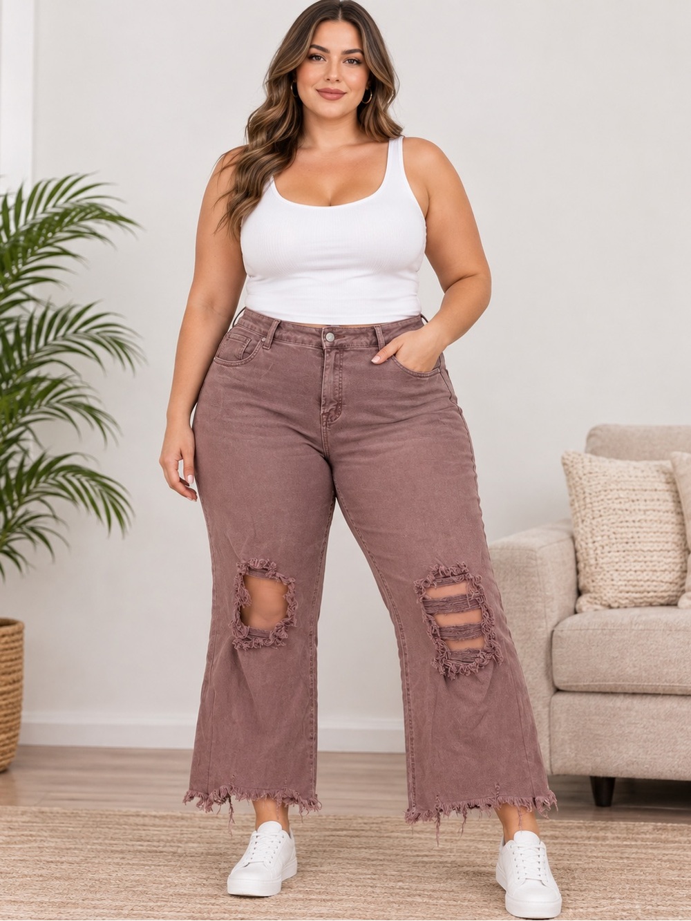High-Rise Distressed Wide-Leg Jeans in Mauve